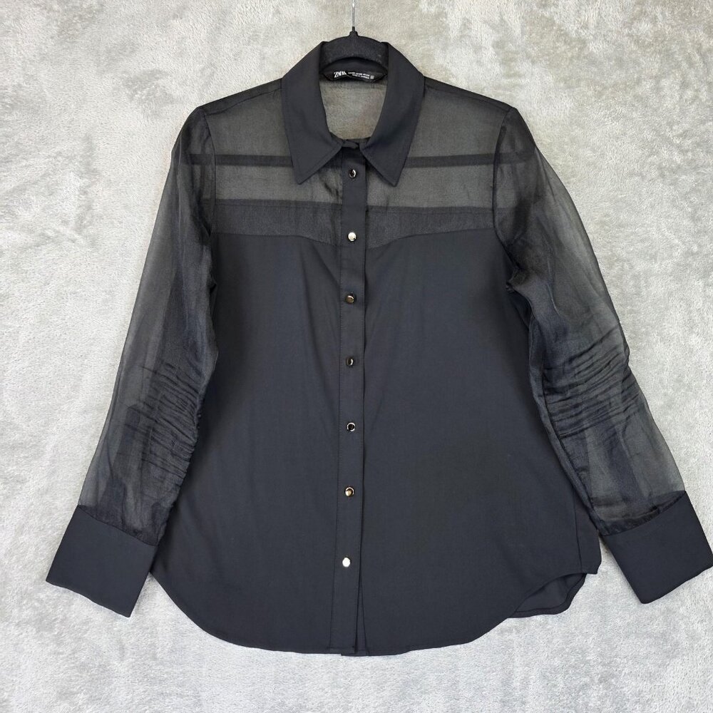 Zara Shirt Womens XS Black Sheer Yoke Button Front Long Sleeve Chiffon Top